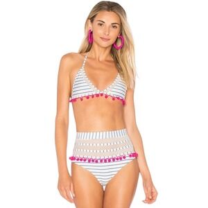 TULAROSA Nina High Waisted Bikini Set Blue‎ White Stripe Pink Pom Poms XS